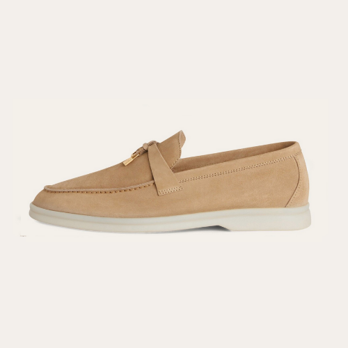 Seitenansicht der Damen Loafers in khakifarbenem Suede