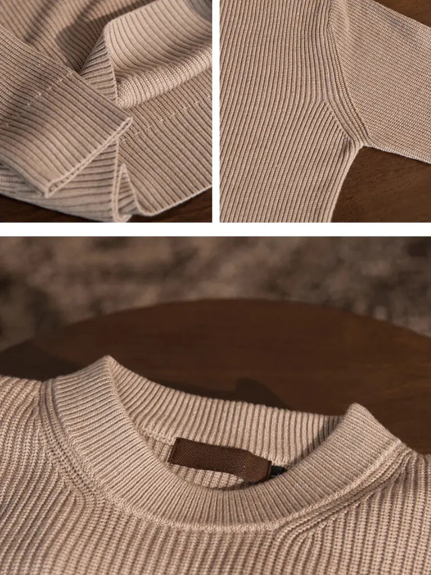 Detail des Zopfmusters des Rippstrickpullovers in Beige