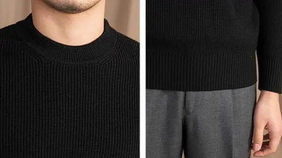 Nahaufnahme des Rippstrickpullovers in Schwarz